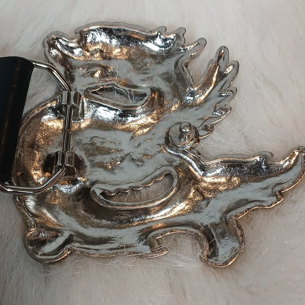 Nick & Nora Elegant Black Leather Belt with Silver Dragon Buckle Unisex Sz S - Picture 6 of 6